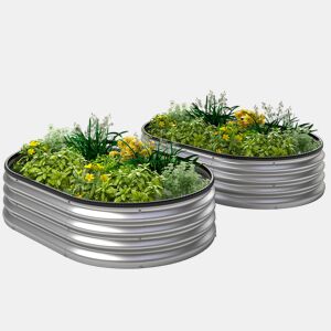Conjunto de 2 vasos grandes de aço galvanizado para jardins urbanos, terraços ou pátios, 135x90x30 cm, prateados.