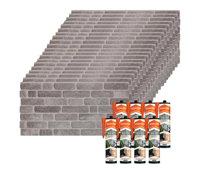 Set de 20 paneles de pared decorativos efecto 3d ladrillo gris urbano fabricados en eps + 8 botes de adhesivo de montaje de alta resistencia