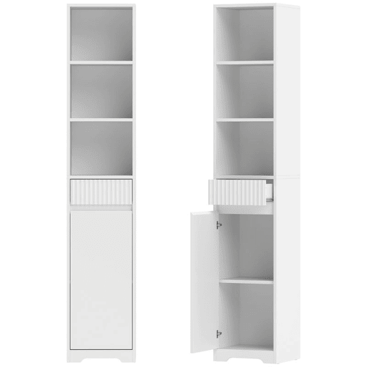 HOMCOM Armário Alto de Casa de Banho, Móvel Auxiliar Estreito com Gaveta, Design Canelado, Prateleira Ajustável, Prateleiras Abertas, para Espaços Pequenos, 33x30x172 cm, Branco