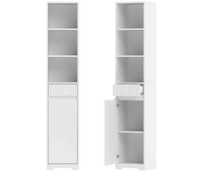 Homcom armario de baño alto, mueble auxiliar de baño estrecho con cajón, diseño acanalado, estante ajustable, estantes abiertos, para espacios pequeños, 33x30x172 cm, blanco