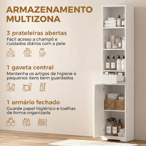 HOMCOM Armário Alto de Casa de Banho, Móvel Auxiliar Estreito com Gaveta, Design Canelado, Prateleira Ajustável, Prateleiras Abertas, para Espaços Pequenos, 33x30x172 cm, Branco