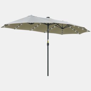Chapéu de Sol Duplo com 48 Luzes LED, 4,5x2,7 m, Guarda-sol para Exterior com Manivela Manual, Resistente à Água e Prote
