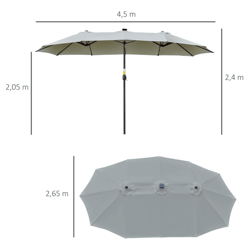 Chapéu de Sol Duplo com 48 Luzes LED, 4,5x2,7 m, Guarda-sol para Exterior com Manivela Manual, Resistente à Água e Prote