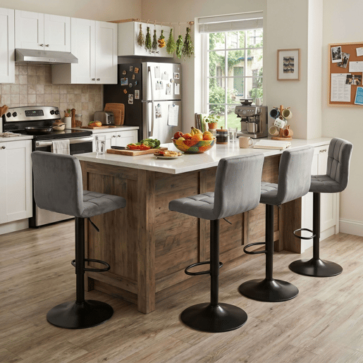 Conjunto de 2 banquetas de bar para cozinha, ajustáveis u200Bu200Be giratórias 360º, modelo Zenit em veludo, com encosto e apoio para os pés, na cor cinza. Conjunto de 2 banquetas de bar para cozinha, ajustáveis u200Bu200Be giratórias 360º, modelo Zenit em veludo, com encosto e apoio para os pés, na cor cinza.