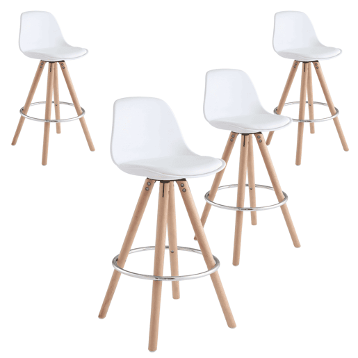 Conjunto de 4 banquetas altas estofadas para cozinha, com encosto e apoio para os pés, em branco e carvalho.