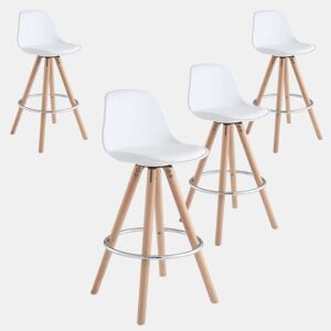 Conjunto de 4 banquetas altas estofadas para cozinha, com encosto e apoio para os pés, em branco e carvalho.