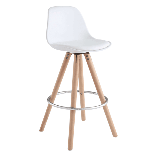 Conjunto de 4 banquetas altas estofadas para cozinha, com encosto e apoio para os pés, em branco e carvalho.