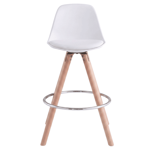 Conjunto de 4 banquetas altas estofadas para cozinha, com encosto e apoio para os pés, em branco e carvalho.