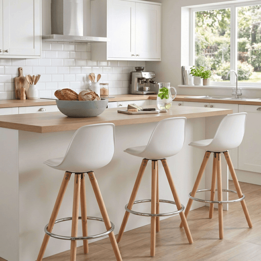 Conjunto de 4 banquetas altas estofadas para cozinha, com encosto e apoio para os pés, em branco e carvalho.
