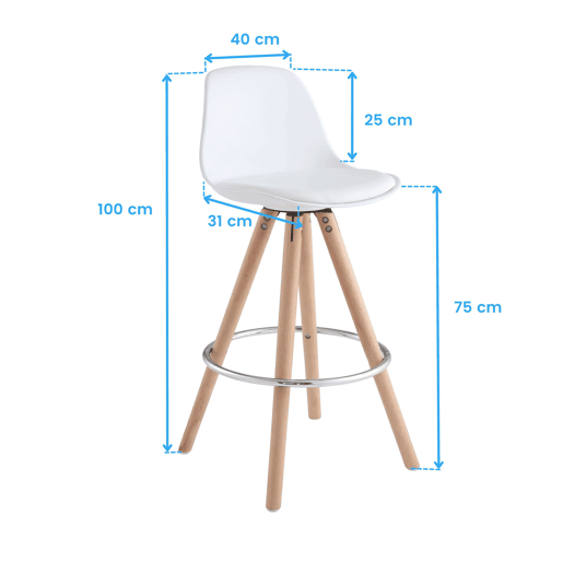 Conjunto de 4 banquetas altas estofadas para cozinha, com encosto e apoio para os pés, em branco e carvalho.