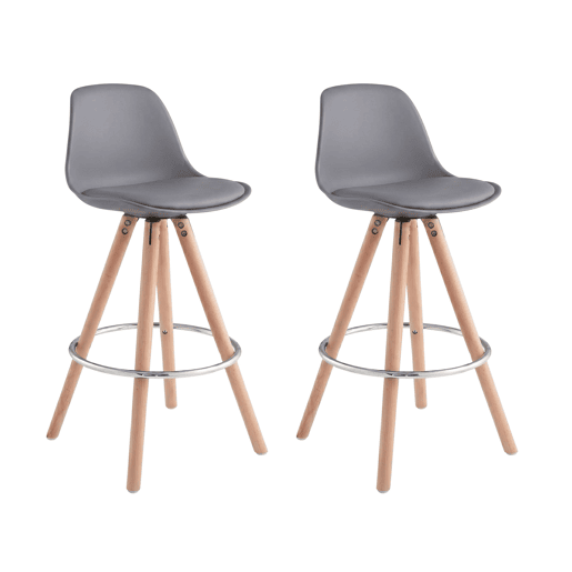 Conjunto de 2 banquetas de bar para cozinha, com encosto e apoio para os pés, modelo bistrô alto e acolchoado, nas cores cinza e carvalho.