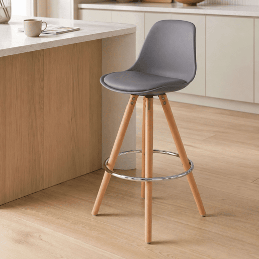 Conjunto de 2 banquetas de bar para cozinha, com encosto e apoio para os pés, modelo bistrô alto e acolchoado, nas cores cinza e carvalho.