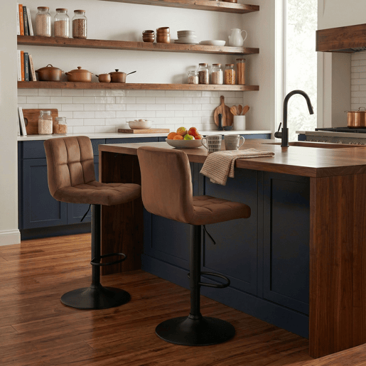 Conjunto de 2 banquetas de bar para cozinha, ajustáveis u200Bu200Be giratórias 360º, modelo Zenit em veludo, com encosto e apoio para os pés, na cor marrom. Conjunto de 2 banquetas de bar para cozinha, ajustáveis u200Bu200Be giratórias 360º, modelo Zenit em veludo, com encosto e apoio para os pés, na cor marrom.