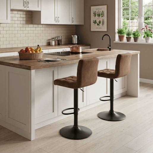 Conjunto de 2 banquetas de bar para cozinha, ajustáveis u200Bu200Be giratórias 360º, modelo Zenit em veludo, com encosto e apoio para os pés, na cor marrom. Conjunto de 2 banquetas de bar para cozinha, ajustáveis u200Bu200Be giratórias 360º, modelo Zenit em veludo, com encosto e apoio para os pés, na cor marrom.