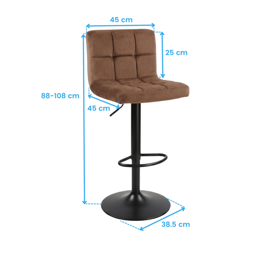 Conjunto de 2 banquetas de bar para cozinha, ajustáveis u200Bu200Be giratórias 360º, modelo Zenit em veludo, com encosto e apoio para os pés, na cor marrom. Conjunto de 2 banquetas de bar para cozinha, ajustáveis u200Bu200Be giratórias 360º, modelo Zenit em veludo, com encosto e apoio para os pés, na cor marrom.