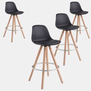 Conjunto de 4 banquetas altas estofadas para cozinha, com encosto e apoio para os pés, em preto e carvalho.