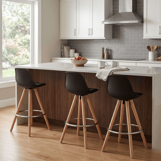 Conjunto de 4 banquetas altas estofadas para cozinha, com encosto e apoio para os pés, em preto e carvalho. Conjunto de 4 banquetas altas estofadas para cozinha, com encosto e apoio para os pés, em preto e carvalho.