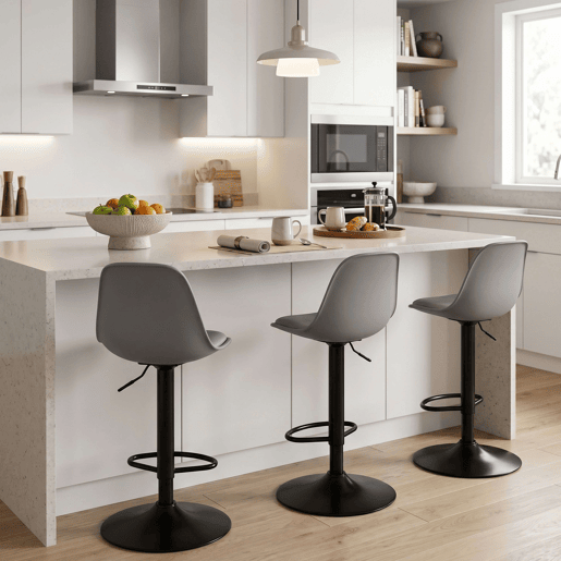 Conjunto de 4 banquetas altas para bar ou cozinha, estilo bistrô, com altura ajustável, assento acolchoado e rotação de 360º, na cor cinza.