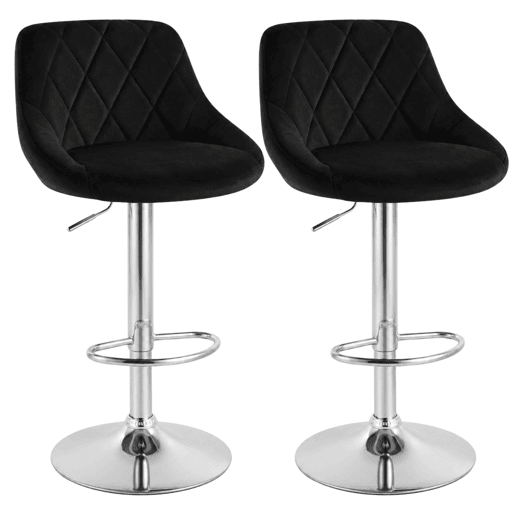 Conjunto de 2 banquetas altas, com altura ajustável em diamante, giratórias com encosto, em veludo, para sala de jantar, pretas.