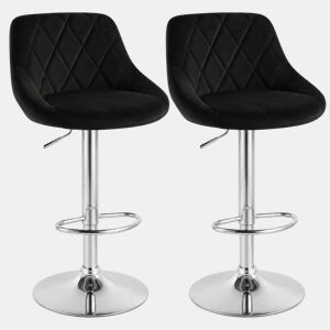 Conjunto de 2 banquetas altas, com altura ajustável em diamante, giratórias com encosto, em veludo, para sala de jantar, pretas.