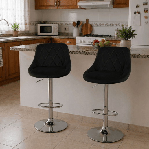 Conjunto de 2 banquetas altas, com altura ajustável em diamante, giratórias com encosto, em veludo, para sala de jantar, pretas.