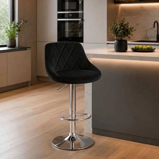 Conjunto de 2 banquetas altas, com altura ajustável em diamante, giratórias com encosto, em veludo, para sala de jantar, pretas.