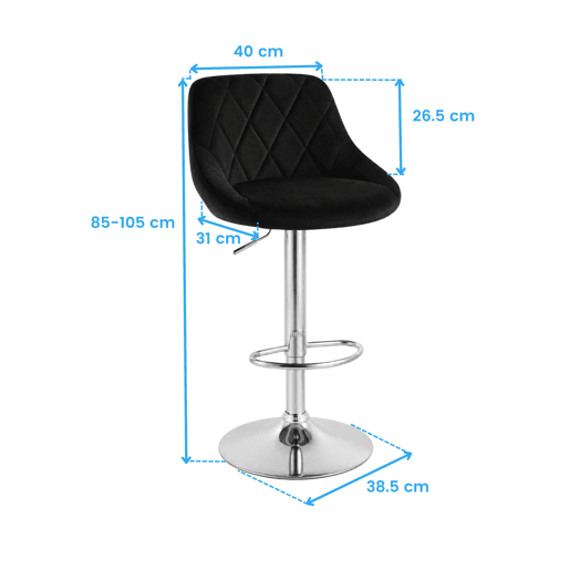 Conjunto de 2 banquetas altas, com altura ajustável em diamante, giratórias com encosto, em veludo, para sala de jantar, pretas.