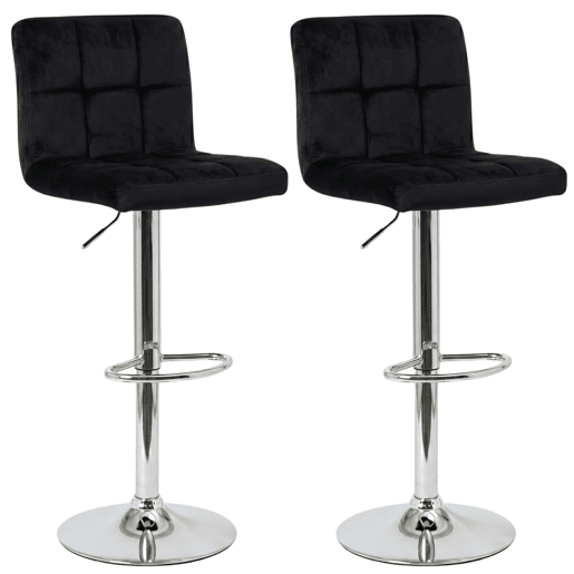 Conjunto de 2 banquetas de bar para cozinha, ajustáveis u200Bu200Be giratórias 360º, modelo Zenit em veludo, com encosto e apoio para os pés, na cor preta. Conjunto de 2 banquetas de bar para cozinha, ajustáveis u200Bu200Be giratórias 360º, modelo Zenit em veludo, com encosto e apoio para os pés, na cor preta.