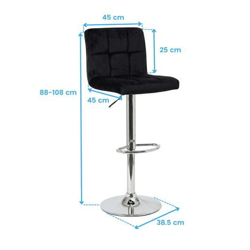 Conjunto de 2 banquetas de bar para cozinha, ajustáveis u200Bu200Be giratórias 360º, modelo Zenit em veludo, com encosto e apoio para os pés, na cor preta. Conjunto de 2 banquetas de bar para cozinha, ajustáveis u200Bu200Be giratórias 360º, modelo Zenit em veludo, com encosto e apoio para os pés, na cor preta.