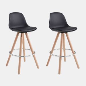 Conjunto de 2 banquetas altas estofadas para cozinha, com encosto e apoio para os pés, em preto e carvalho.