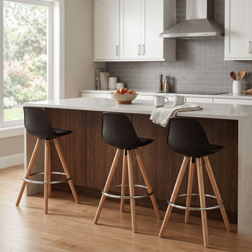 Conjunto de 2 banquetas altas estofadas para cozinha, com encosto e apoio para os pés, em preto e carvalho. Conjunto de 2 banquetas altas estofadas para cozinha, com encosto e apoio para os pés, em preto e carvalho.