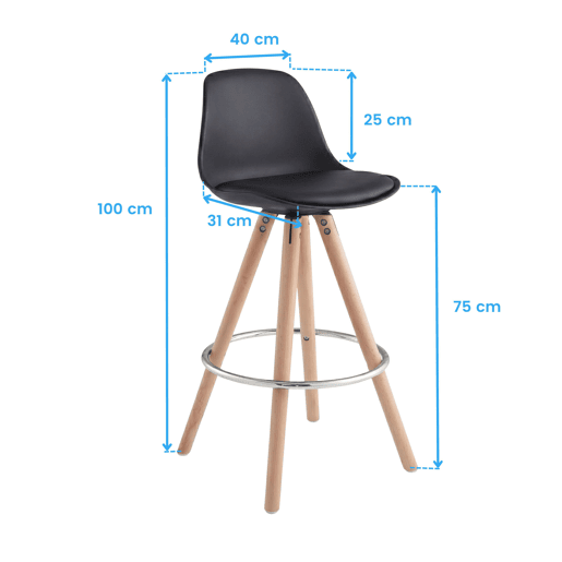 Conjunto de 2 banquetas altas estofadas para cozinha, com encosto e apoio para os pés, em preto e carvalho. Conjunto de 2 banquetas altas estofadas para cozinha, com encosto e apoio para os pés, em preto e carvalho.