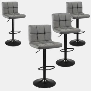 Conjunto de 4 banquetas de bar para cozinha, ajustáveis u200Bu200Be giratórias 360º, modelo Zenit em veludo, com encosto e apoio para os pés, na cor cinza.