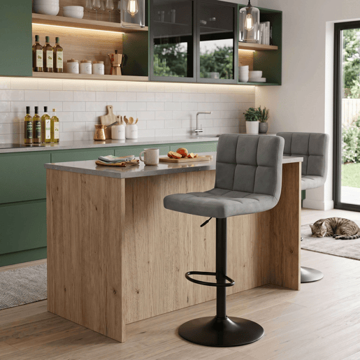 Conjunto de 4 banquetas de bar para cozinha, ajustáveis u200Bu200Be giratórias 360º, modelo Zenit em veludo, com encosto e apoio para os pés, na cor cinza. Conjunto de 4 banquetas de bar para cozinha, ajustáveis u200Bu200Be giratórias 360º, modelo Zenit em veludo, com encosto e apoio para os pés, na cor cinza.