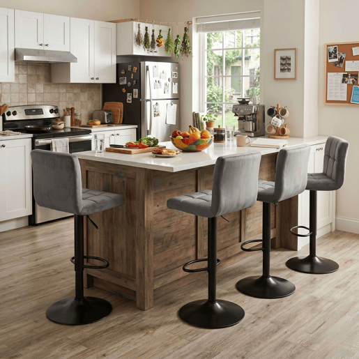 Conjunto de 4 banquetas de bar para cozinha, ajustáveis u200Bu200Be giratórias 360º, modelo Zenit em veludo, com encosto e apoio para os pés, na cor cinza. Conjunto de 4 banquetas de bar para cozinha, ajustáveis u200Bu200Be giratórias 360º, modelo Zenit em veludo, com encosto e apoio para os pés, na cor cinza.