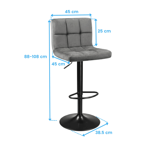 Conjunto de 4 banquetas de bar para cozinha, ajustáveis u200Bu200Be giratórias 360º, modelo Zenit em veludo, com encosto e apoio para os pés, na cor cinza. Conjunto de 4 banquetas de bar para cozinha, ajustáveis u200Bu200Be giratórias 360º, modelo Zenit em veludo, com encosto e apoio para os pés, na cor cinza.