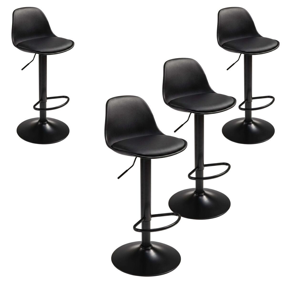 Pack 4 taburetes de bar o cocina, silla alta bistro, altura regulable, asiento acolchado, 360º