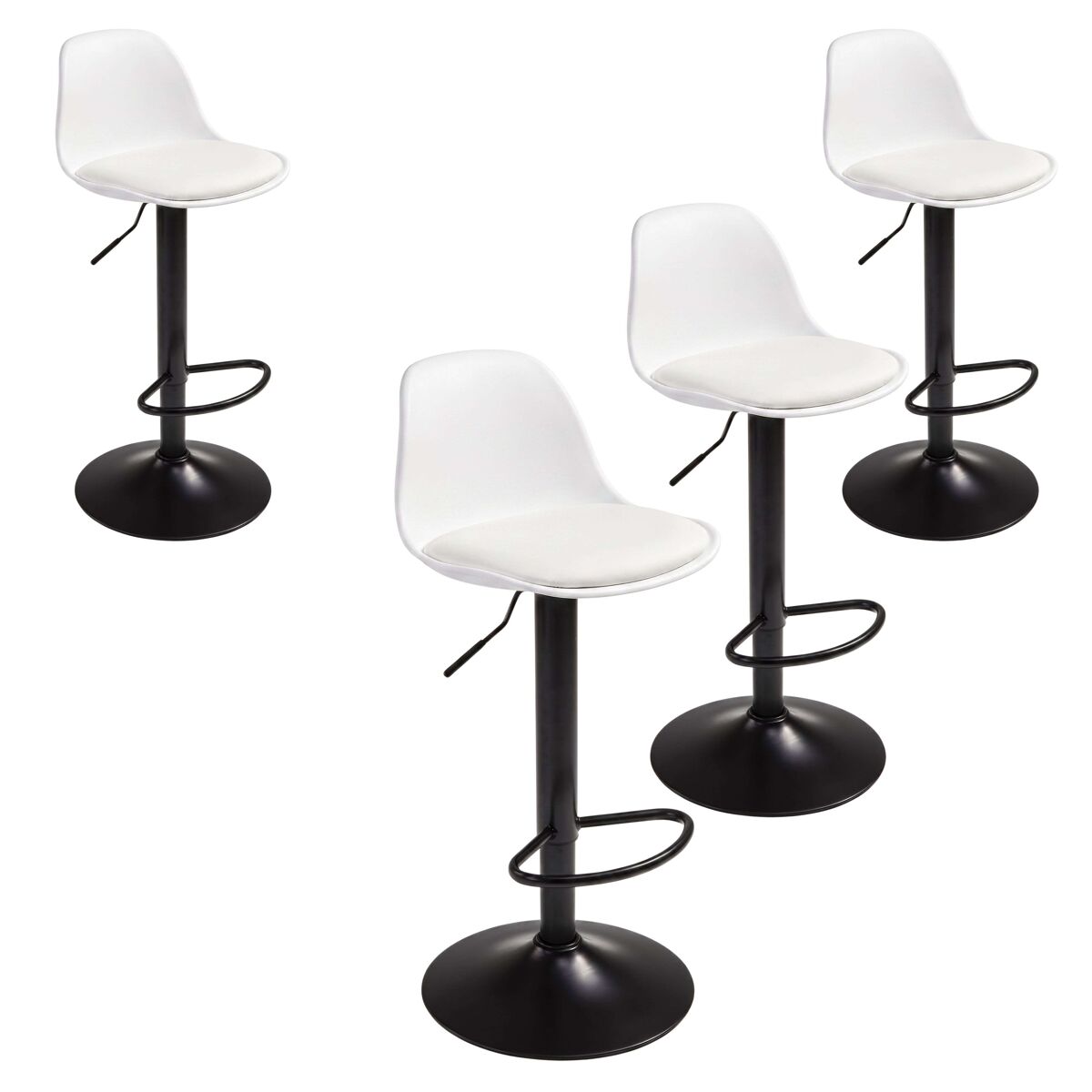 Pack 4 taburetes de bar o cocina, silla alta bistro, altura regulable, asiento acolchado, 360o