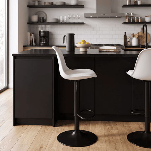 Conjunto de 4 banquetas altas para bar ou cozinha, estilo bistrô, com altura ajustável, assento acolchoado, rotação de 360º, cor branca fosca.