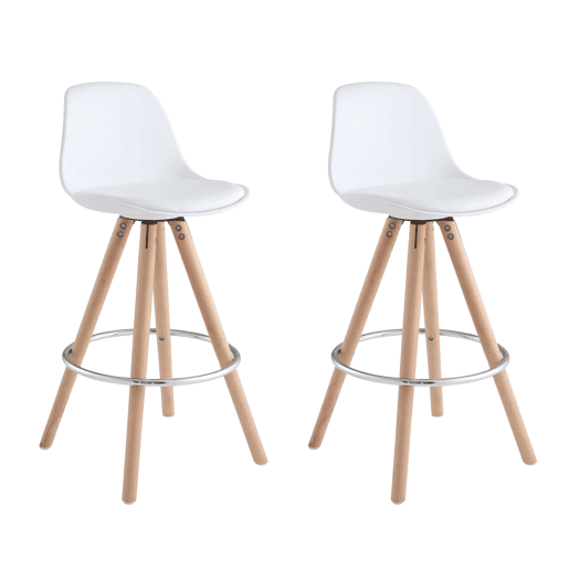 Conjunto de 2 banquetas altas estofadas para cozinha, com encosto e apoio para os pés, em branco e carvalho.