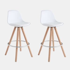 Conjunto de 2 banquetas altas estofadas para cozinha, com encosto e apoio para os pés, em branco e carvalho.