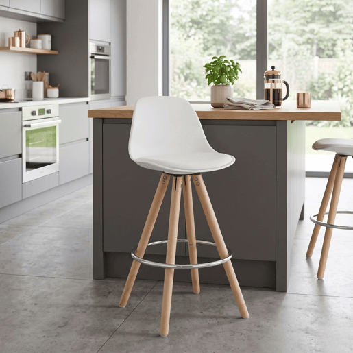 Conjunto de 2 banquetas altas estofadas para cozinha, com encosto e apoio para os pés, em branco e carvalho.