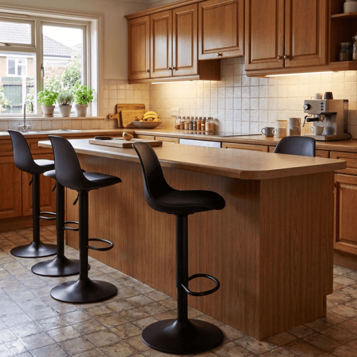 Conjunto de 2 banquetas altas para bar ou cozinha, estilo bistrô, com altura ajustável, assento acolchoado, rotação de 360º, pretas.
