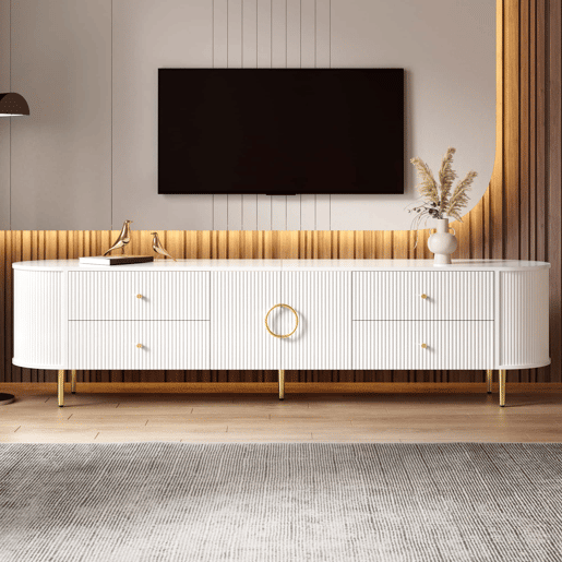 Móvel de TV Lowboard 180 cm - ondas 3D, MDF, pés em ferro, passagem de cabos - Branco