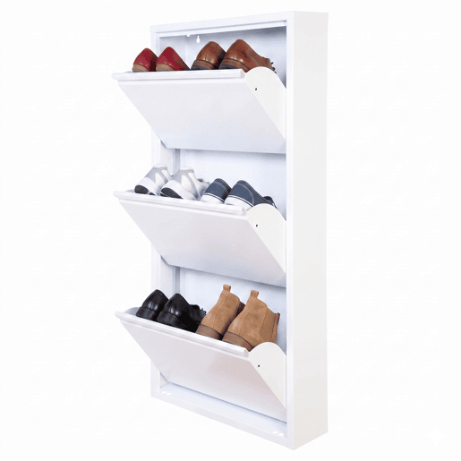 Well Home Sapateira DUNNE Ultrafina em Aço Branco, 3 Compartimentos para 6 Pares de Sapatos, 50x13,5x103 cm, Ideal para Corredores e Espaços Reduzidos Well Home Sapateira DUNNE Ultrafina em Aço Branco, 3 Compartimentos para 6 Pares de Sapatos, 50x13,5x103 cm, Ideal para Corredores e Espaços Reduzidos