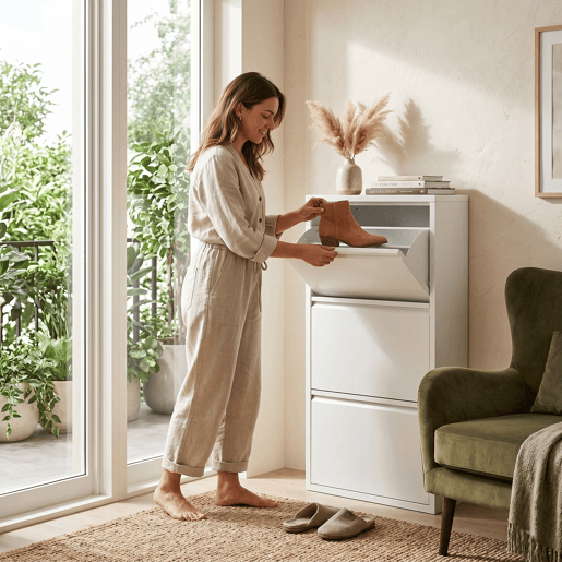 Well Home Sapateira DUNNE Ultrafina em Aço Branco, 3 Compartimentos para 6 Pares de Sapatos, 50x13,5x103 cm, Ideal para Corredores e Espaços Reduzidos Well Home Sapateira DUNNE Ultrafina em Aço Branco, 3 Compartimentos para 6 Pares de Sapatos, 50x13,5x103 cm, Ideal para Corredores e Espaços Reduzidos