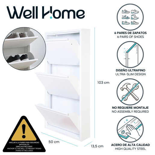 Well Home Sapateira DUNNE Ultrafina em Aço Branco, 3 Compartimentos para 6 Pares de Sapatos, 50x13,5x103 cm, Ideal para Corredores e Espaços Reduzidos Well Home Sapateira DUNNE Ultrafina em Aço Branco, 3 Compartimentos para 6 Pares de Sapatos, 50x13,5x103 cm, Ideal para Corredores e Espaços Reduzidos