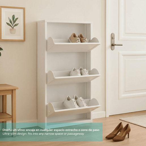 Well Home Sapateira DUNNE Ultrafina em Aço Branco, 3 Compartimentos para 6 Pares de Sapatos, 50x13,5x103 cm, Ideal para Corredores e Espaços Reduzidos Well Home Sapateira DUNNE Ultrafina em Aço Branco, 3 Compartimentos para 6 Pares de Sapatos, 50x13,5x103 cm, Ideal para Corredores e Espaços Reduzidos