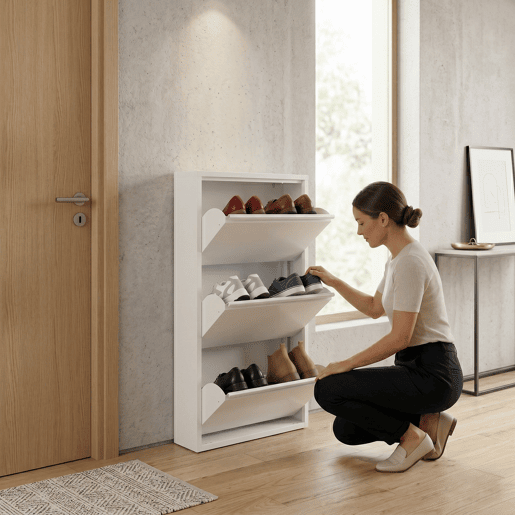 Well Home Sapateira DUNNE Ultrafina em Aço Branco, 3 Compartimentos para 6 Pares de Sapatos, 50x13,5x103 cm, Ideal para Corredores e Espaços Reduzidos Well Home Sapateira DUNNE Ultrafina em Aço Branco, 3 Compartimentos para 6 Pares de Sapatos, 50x13,5x103 cm, Ideal para Corredores e Espaços Reduzidos