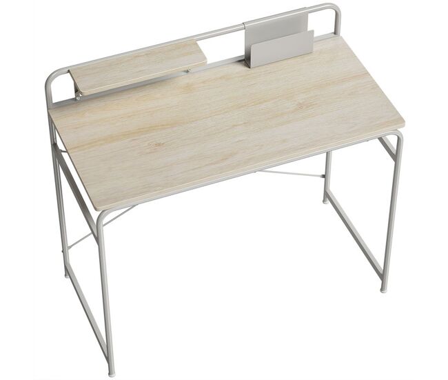 Homcom escritorio, mesa de escritorio moderno con estante y estructura de metal, fácil montaje para oficina en casa, dormitorio, espacios pequeños, 98x48x88,5 cm, roble